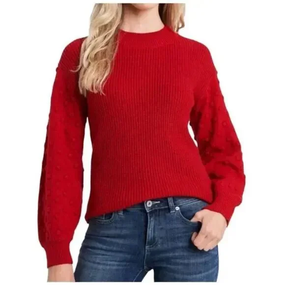 CeCe Luminous Red Pullover Ribbed Knit Sweater With Bobble Sleeves Size S - Picture 1 of 8
